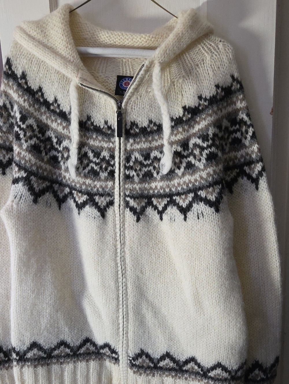 Undyed White Zip-Up Nordic Hooded Sweater with Gray Fair Isle
